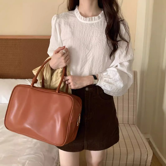 法國站立式衣領紋理紋理長袖襯衫，適合女性秋季韓國風格的多功能套影襯衫上衣