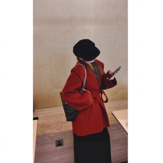 韓國風格的連帽羊絨外套，高端女性小雙面羊毛外套