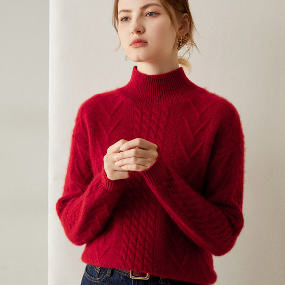 秋季和冬季增厚的羊絨毛衣毛衣婦女半烏龜衣領寬鬆的電纜固體羊絨套管中領底毛衣