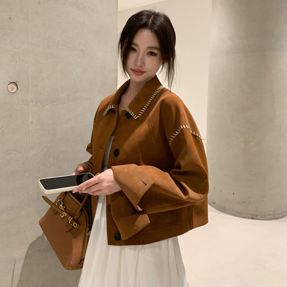 秋和冬季小香水風格的翻領夾克法國風格短頂絨面革皮夾克